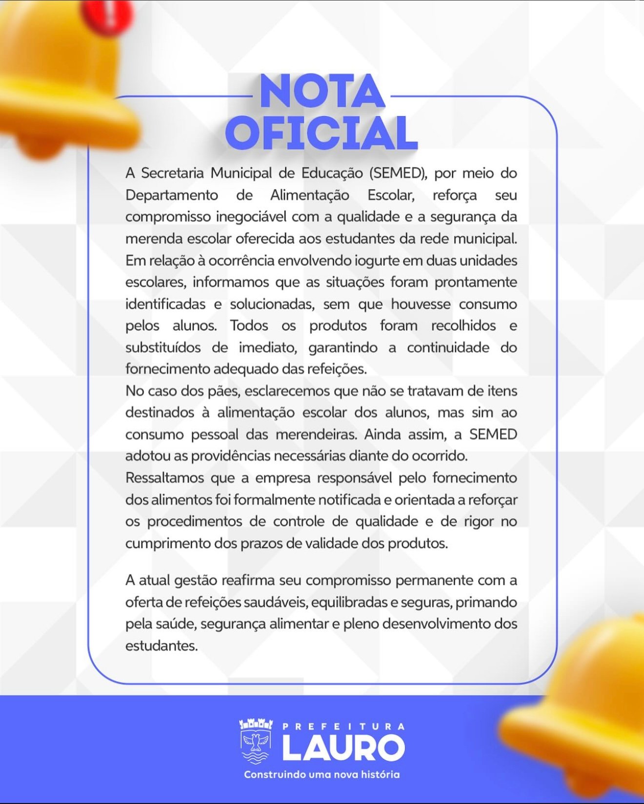 Prefeitura de Lauro de Freitas esclarece ocorrência com iogurtes na merenda escolar